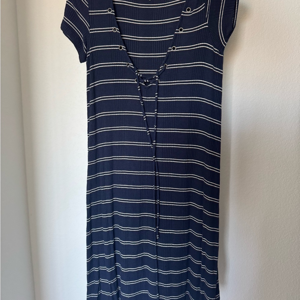 American Eagle Outfitters Navy and White Striped Midi Dress